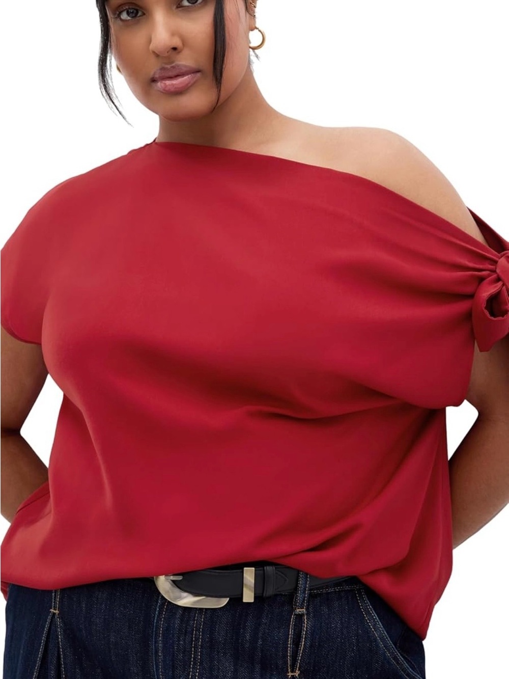 City Chic One-Shoulder Red Top with Tie Sleeve
